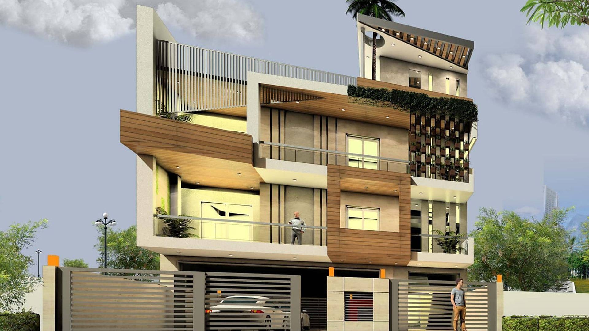 Modern residential elevation with timber screening and layered balconies