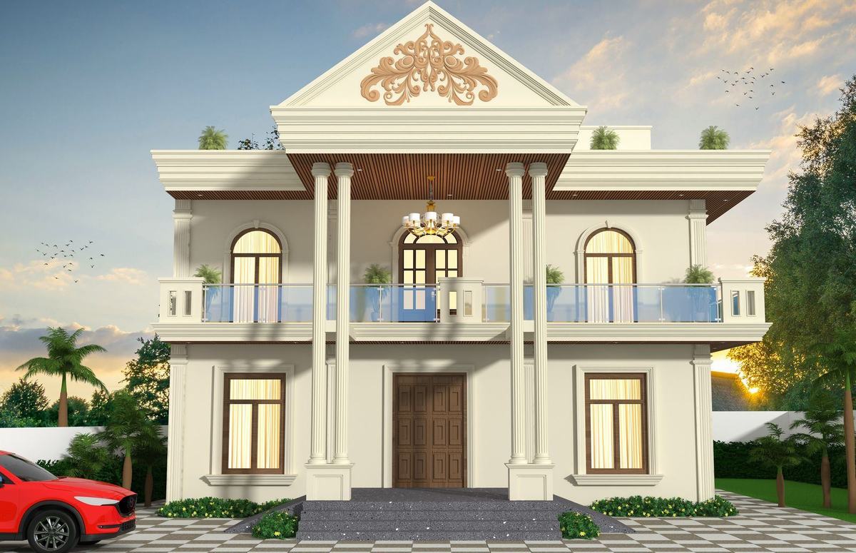 Classical villa elevation with columns, cornices and a balustraded balcony