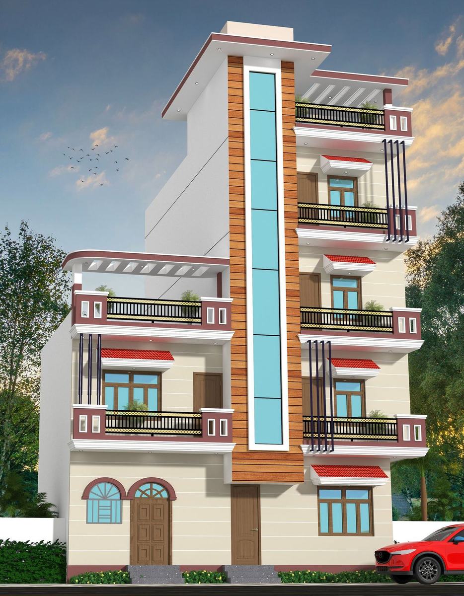 Narrow-plot four-storey 3D elevation with a full-height glazing band