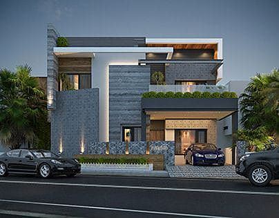 Modern residence elevation combining stone cladding with full-height glazing