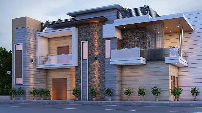 Wide-front residence elevation with a double-height entrance porch and balcony